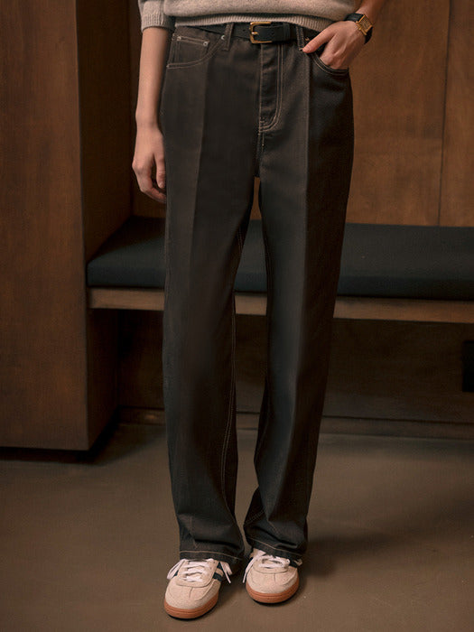 [TILLIDIE] Lucid stitch point straight denim pants_Brown