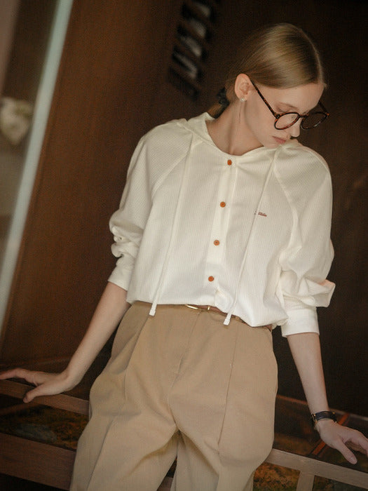 [TILLIDIE] Embo stripe hoodie cotton shirt_Ivory