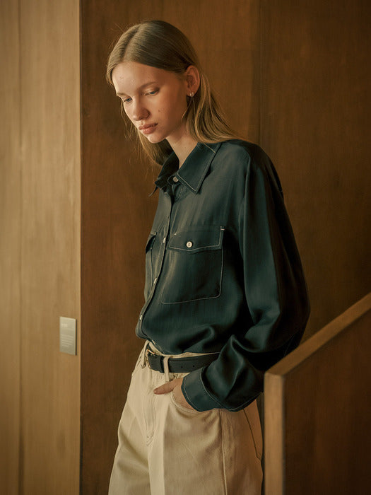 [TILLIDIE] Contrast stitch glossy pocket shirt_Charcoal