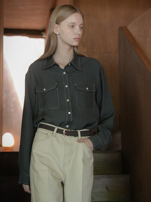 [TILLIDIE] Contrast stitch glossy pocket shirt_Charcoal