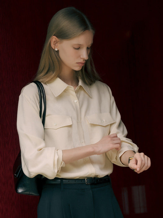 [TILLIDIE] Contrast stitch glossy pocket shirt_Cream