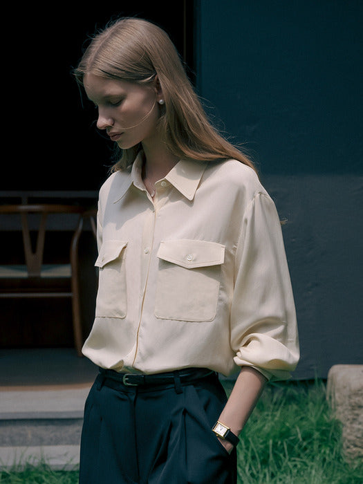 [TILLIDIE] Contrast stitch glossy pocket shirt_Cream