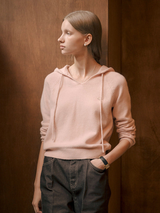 [TILLIDIE] Mellow hooded v-neck knit_Pink