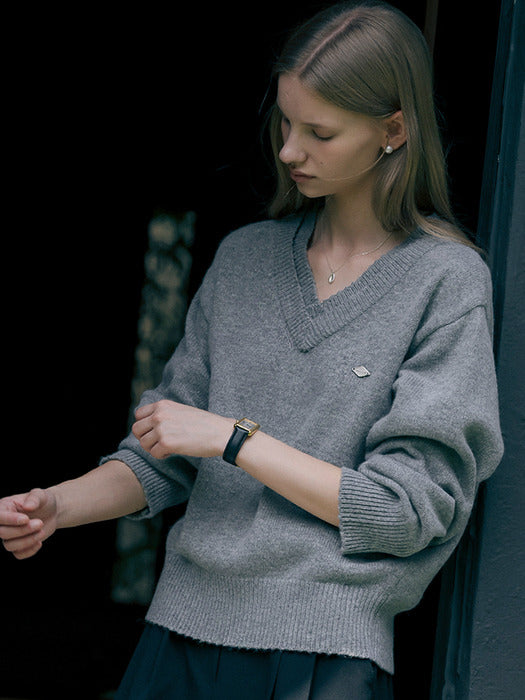 [TILLIDIE] Double rib v-neck wool blended knit_Gray