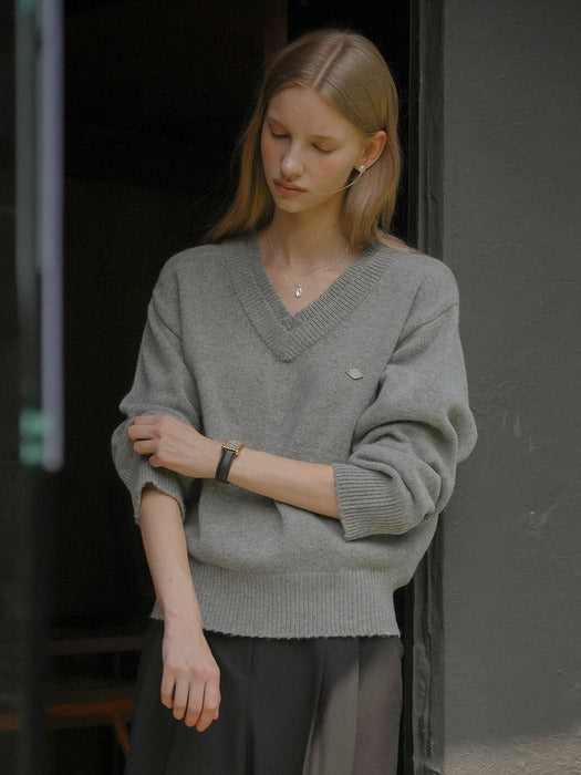 [TILLIDIE] Double rib v-neck wool blended knit_Gray