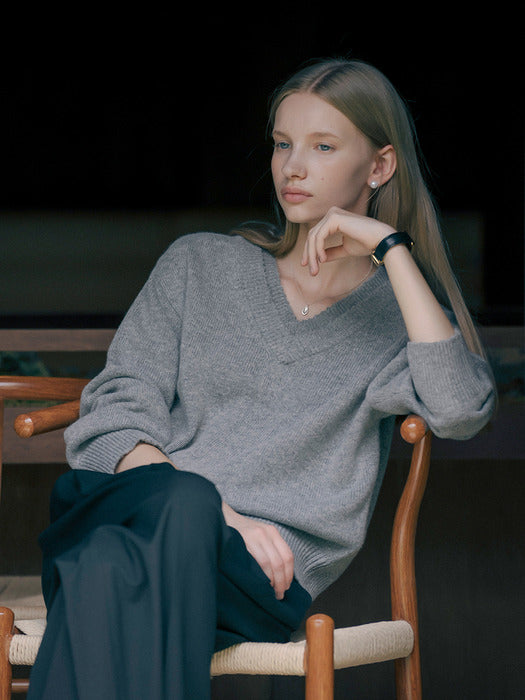 [TILLIDIE] Double rib v-neck wool blended knit_Gray