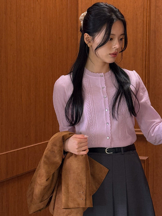 [TILLIDIE] Scallop cable cashmere blended cardigan_Pink