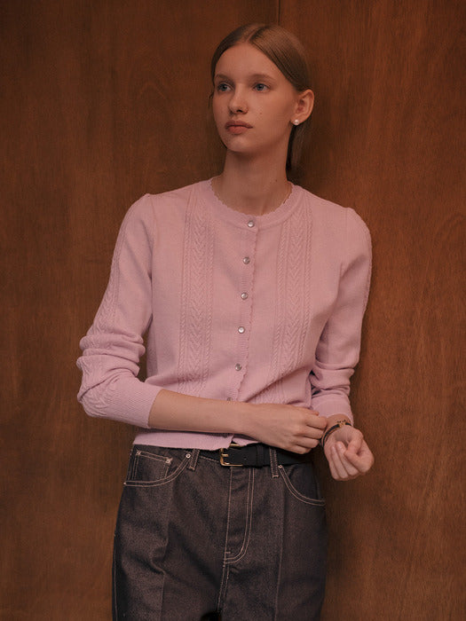 [TILLIDIE] Scallop cable cashmere blended cardigan_Pink