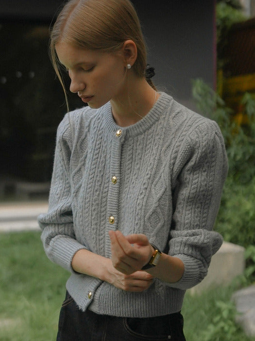 [TILLIDIE] Paisley puff cable round-neck cardigan_Sky blue