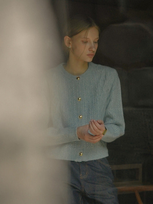 [TILLIDIE] Paisley puff cable round-neck cardigan_Sky blue