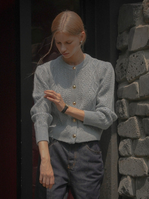 [TILLIDIE] Paisley puff cable round-neck cardigan_Sky blue