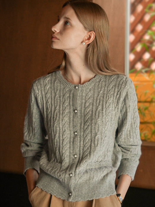 [TILLIDIE] Luna cashmere blended cable cardigan_Light gray