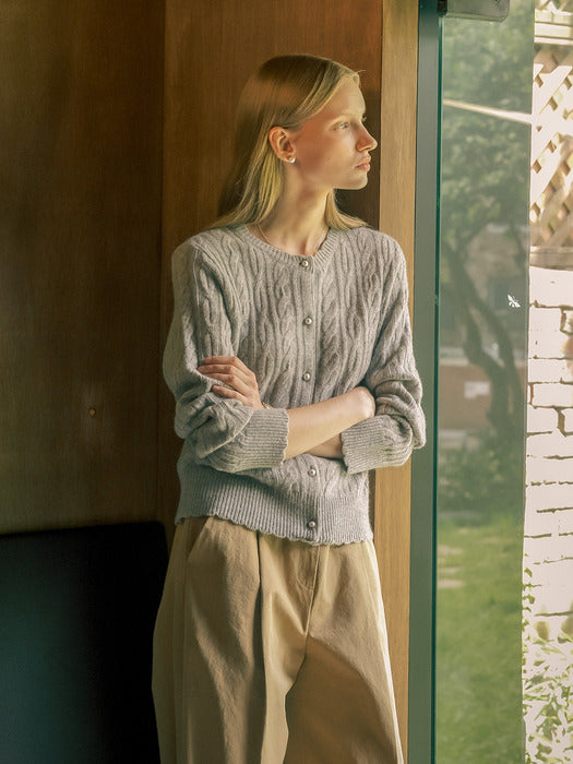 [TILLIDIE] Luna cashmere blended cable cardigan_Light gray