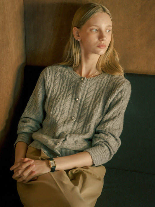 [TILLIDIE] Luna cashmere blended cable cardigan_Light gray