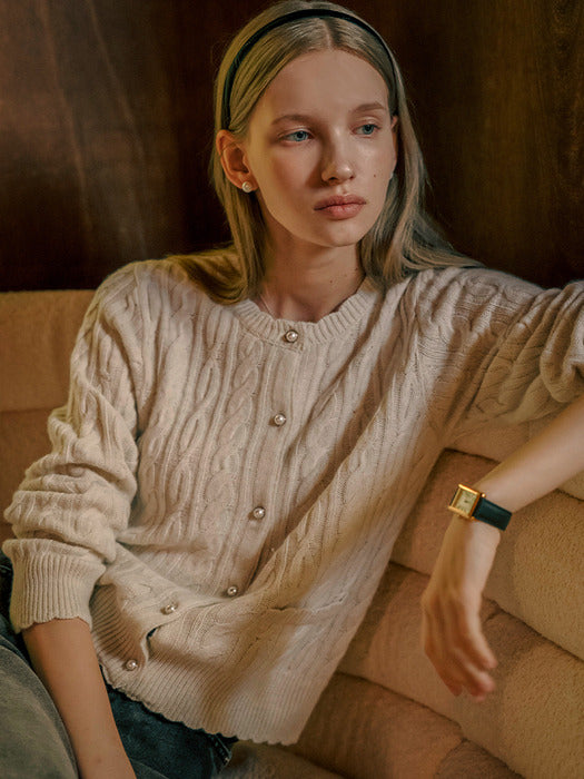 [TILLIDIE] Luna cashmere blended cable cardigan_Oatmeal