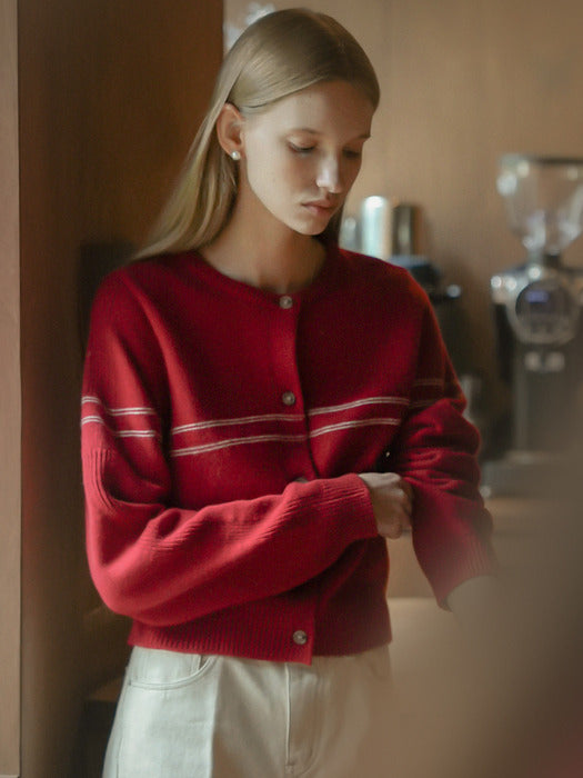 [TILLIDIE] Line point round neck cardigan_Red