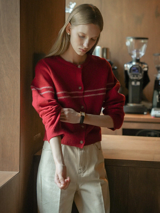 [TILLIDIE] Line point round neck cardigan_Red