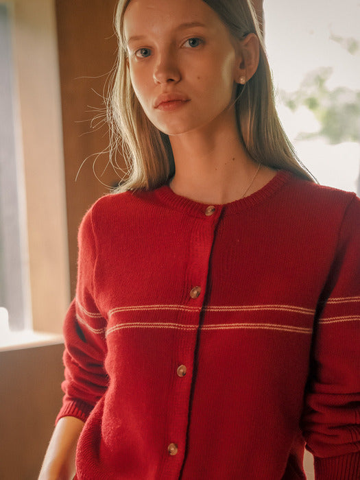 [TILLIDIE] Line point round neck cardigan_Red