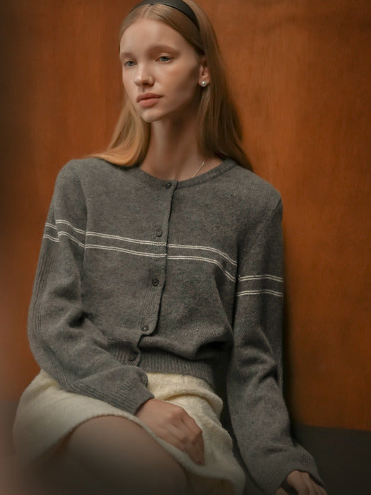 [TILLIDIE] Line point round neck cardigan_Gray