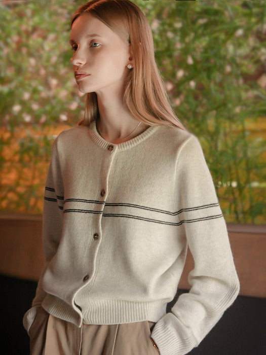 [TILLIDIE] Line point round neck cardigan_Oatmeal