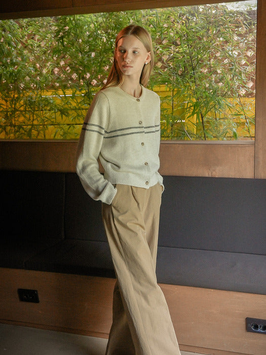[TILLIDIE] Line point round neck cardigan_Oatmeal