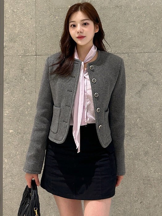[TILLIDIE] Signature collarless wool jacket_Gray