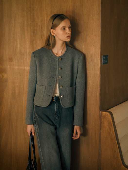 [TILLIDIE] Signature collarless wool jacket_Gray