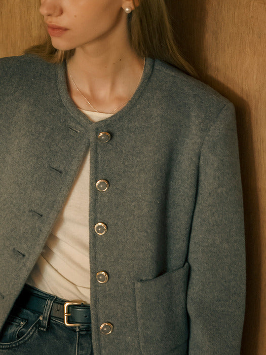 [TILLIDIE] Signature collarless wool jacket_Gray