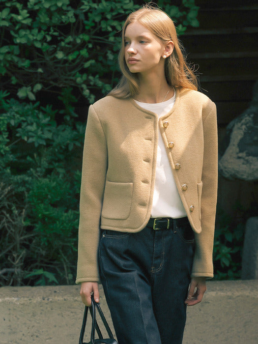 [TILLIDIE] Signature collarless wool jacket_Beige