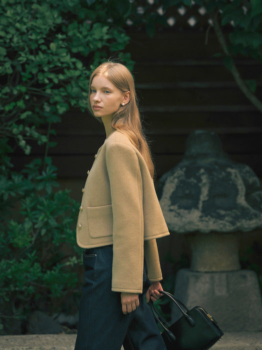 [TILLIDIE] Signature collarless wool jacket_Beige