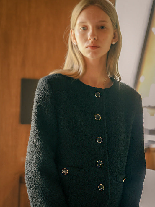 [TILLIDIE] Dylan wool boucle collarless jacket_Black