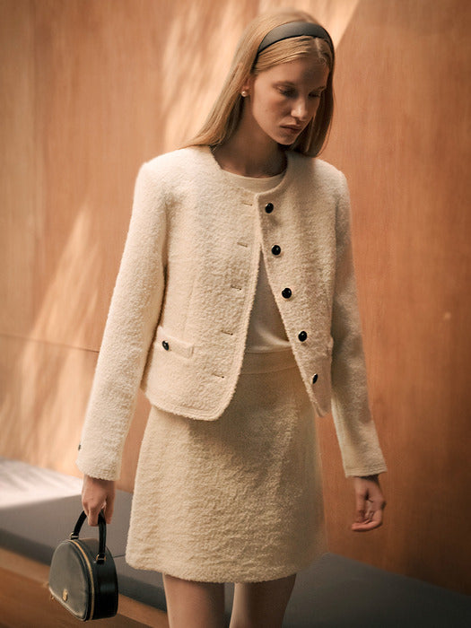 [TILLIDIE] Dylan wool boucle collarless jacket_Ivory