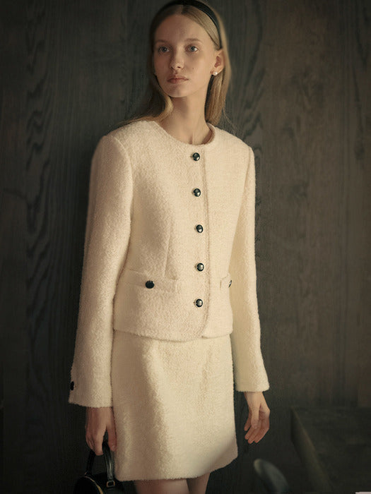 [TILLIDIE] Dylan wool boucle collarless jacket_Ivory
