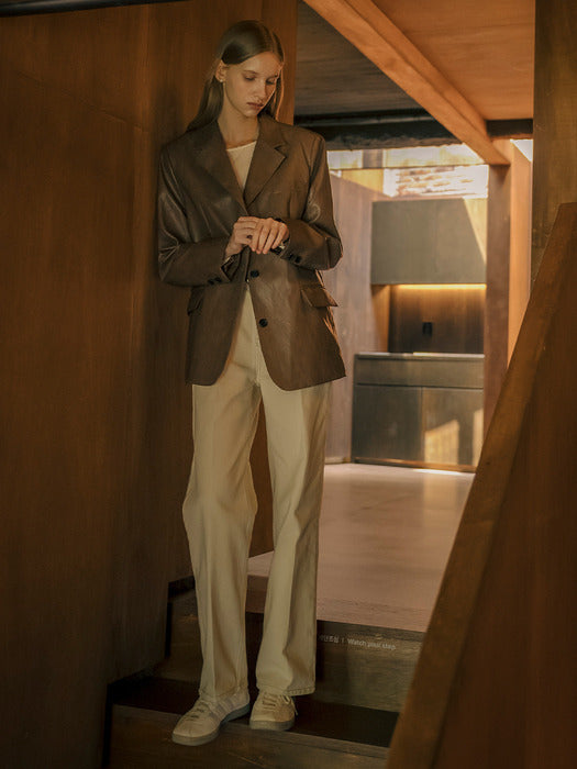 [TILLIDIE] Eco leather classic three button single jacket_Light brown