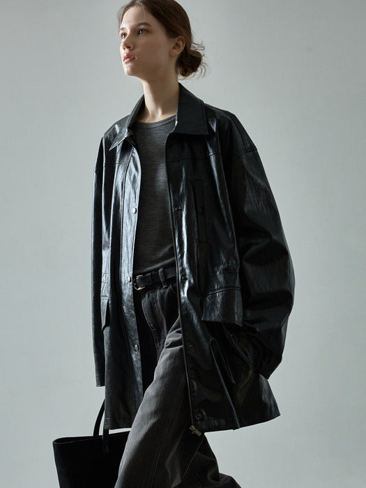 [facade pattern] Black Leather Utility Jacket