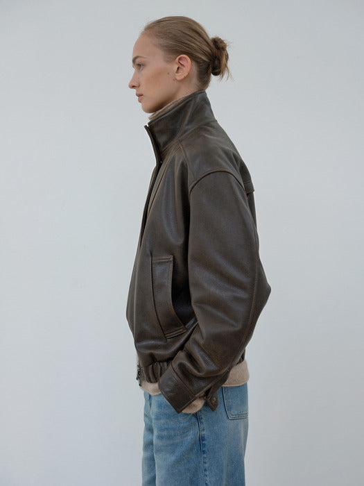 [moia] vintage leather jumper (brown)