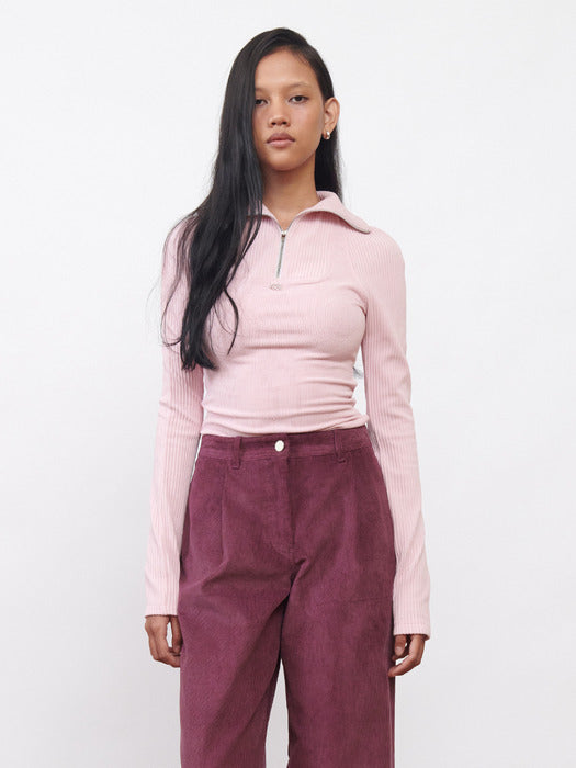 [KIJUN] Corduroy Half Zip-Up Top Pink