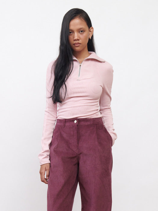 [KIJUN] Corduroy Half Zip-Up Top Pink