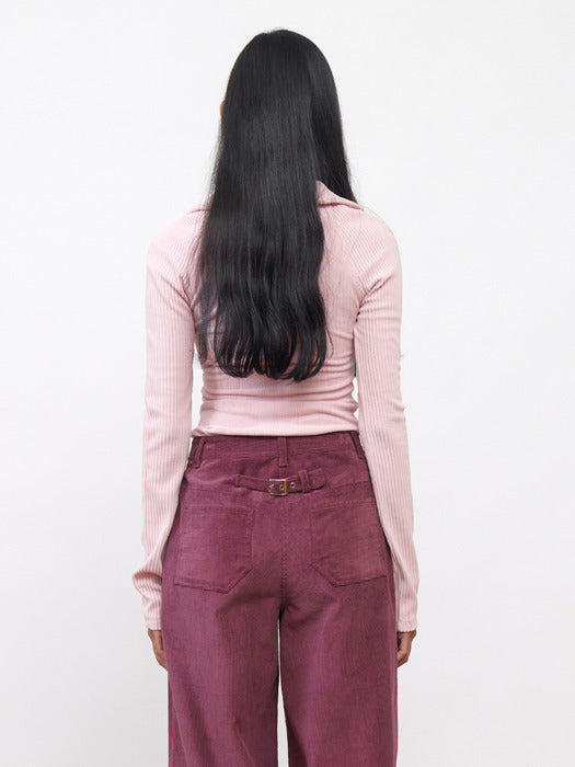 [KIJUN] Corduroy Half Zip-Up Top Pink
