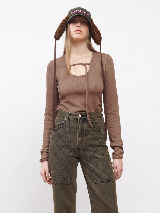 Kijun Belted U-Neck Top Light Brown