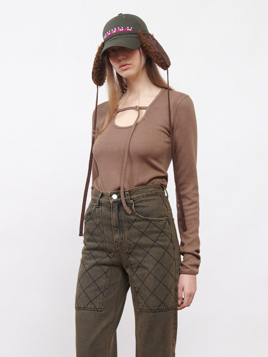 Kijun Belted U-Neck Top Light Brown