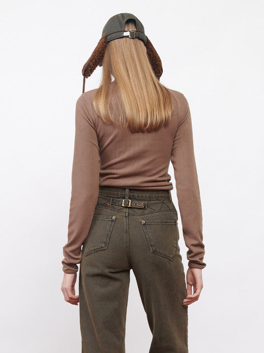 Kijun Belted U-Neck Top Light Brown