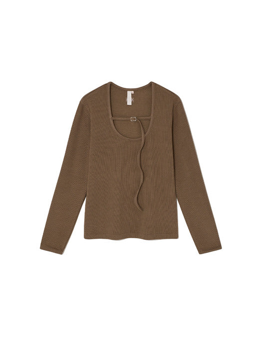 Kijun Belted U-Neck Top Light Brown