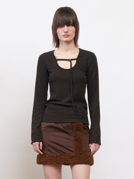 Kijun Belted U-Neck Top Dark Brown