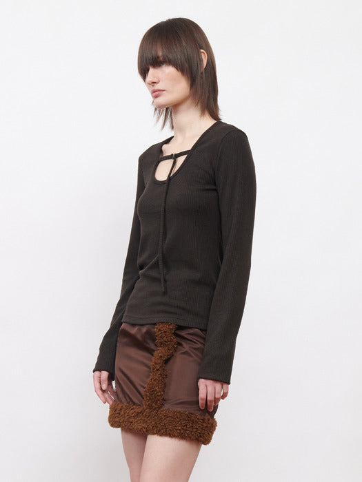 Kijun Belted U-Neck Top Dark Brown