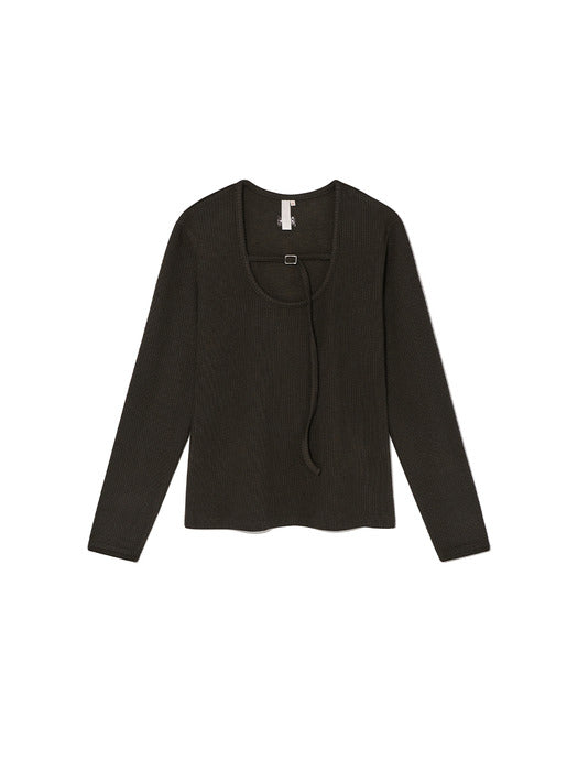 Kijun Belted U-Neck Top Dark Brown