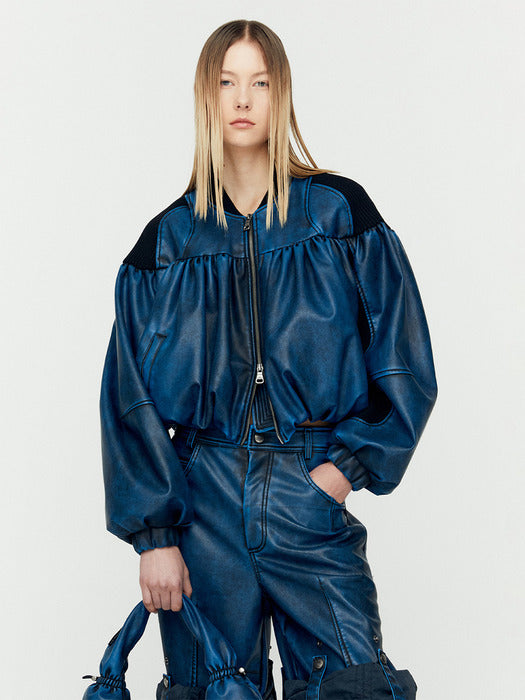 [andersson bell] SHIRRING FAUX LEATHER BOMBER JACKET awa664w(BLUE)