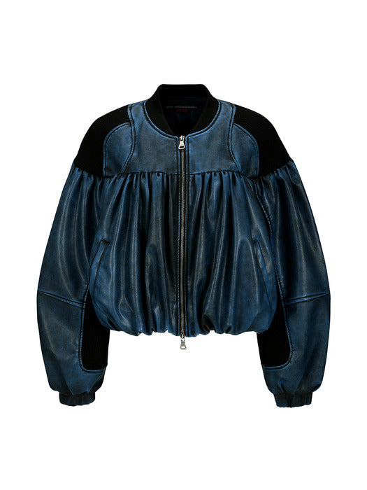 [andersson bell] SHIRRING FAUX LEATHER BOMBER JACKET awa664w(BLUE)