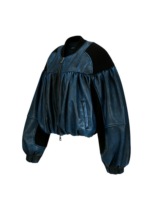 [andersson bell] SHIRRING FAUX LEATHER BOMBER JACKET awa664w(BLUE)
