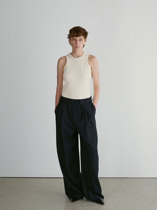 [recto] GATHERED WAIST BAND WOOL BLEND PANTS (DARK NAVY)